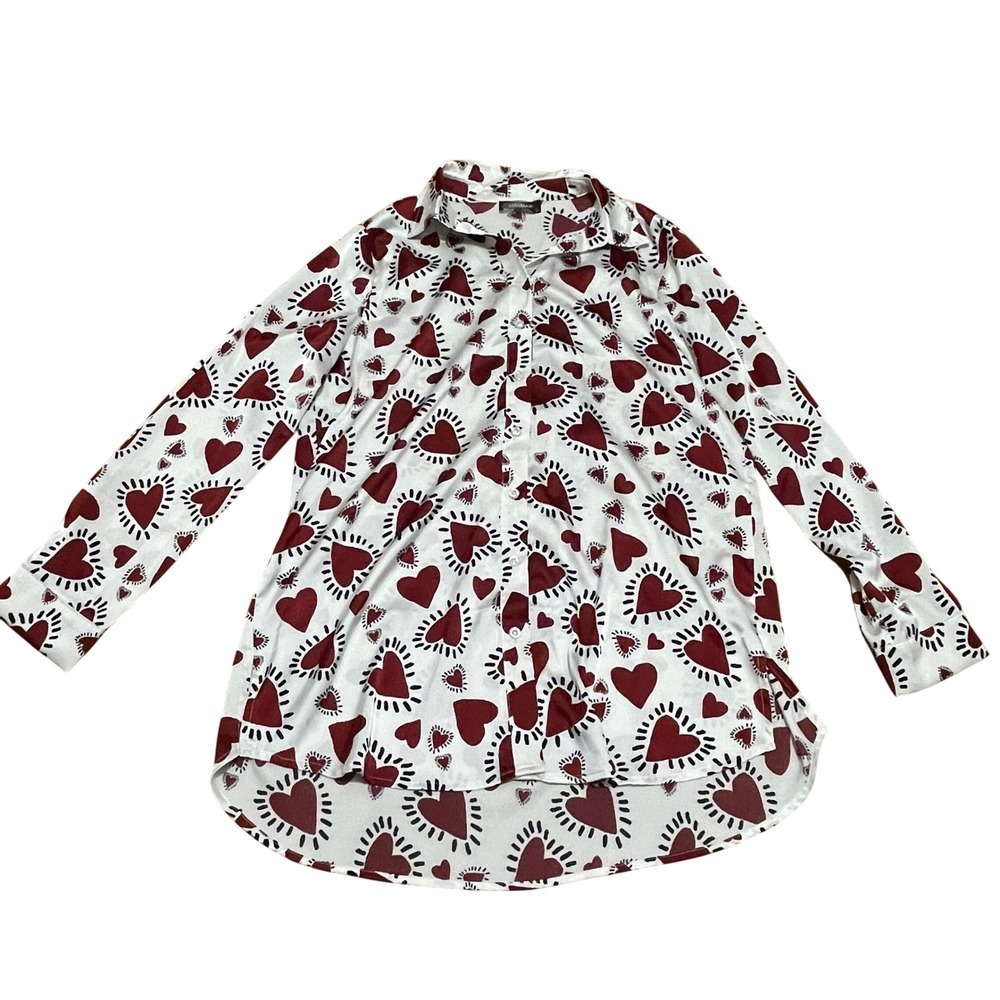 LULUMARI Women's Lg White Red Heart‎ Print Button Up Long Sleeve Shirt Tunic Top